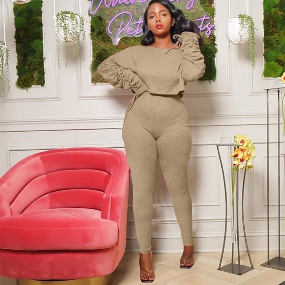 Khaki Ribbed 2 Piece Set Ruched Sleeve Crop Top and Long Pants Workout Set - Picture 1 of 5